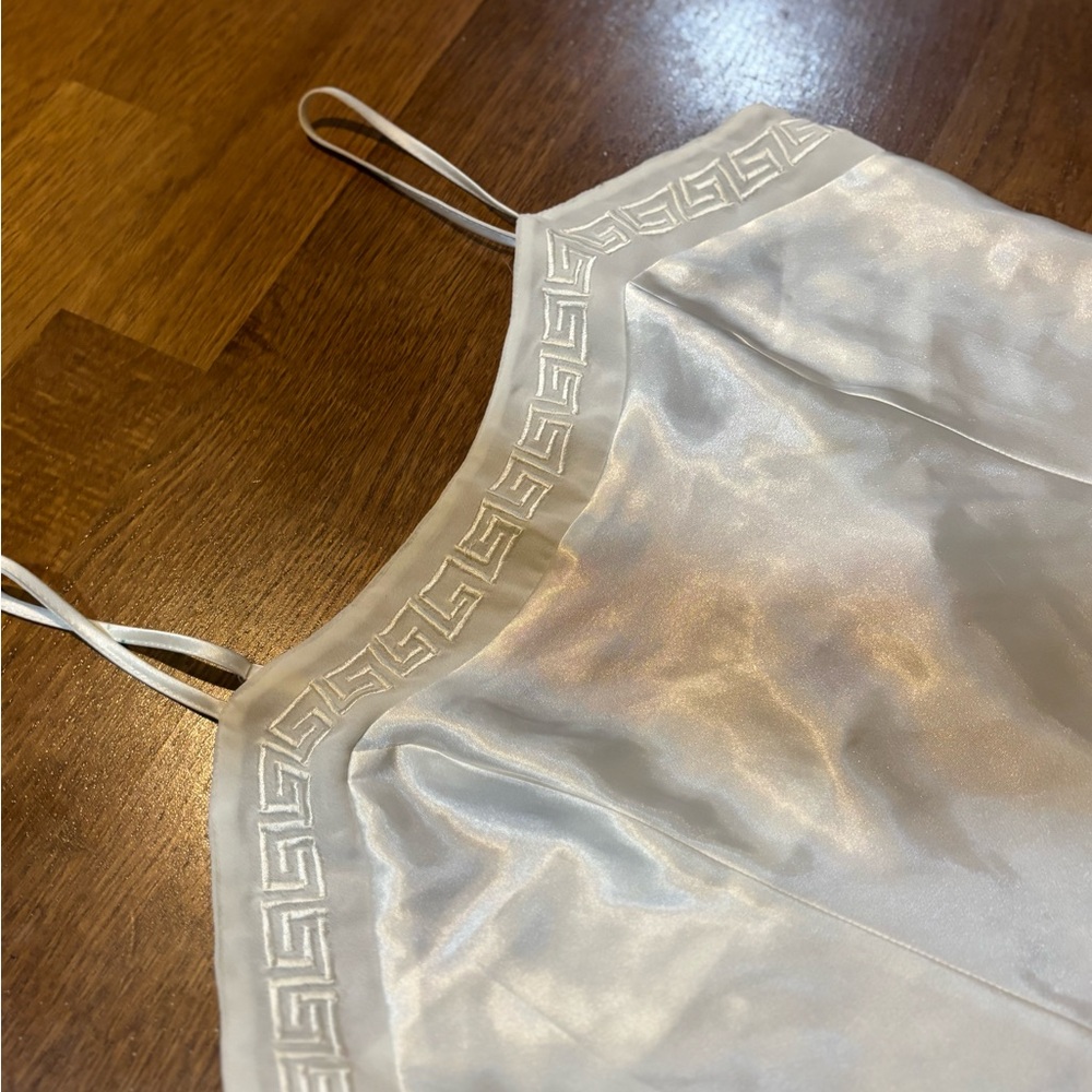 Vintage Vertigineux White Satin Slip Dress Greek Key Trim Y2K Size L - Picture 5 of 10